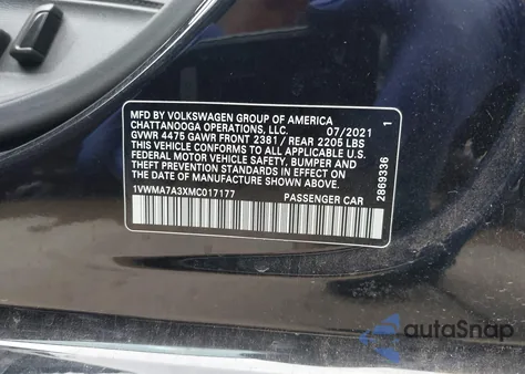 2021 Volkswagen Passat R-Line z USA, uszkodzony, nr VIN 1VWMA7A3XMC017177